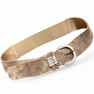 LEATHERROCK Distressed Thick Stretch Large Buckle Belt Leather Taupe Size 36 Med